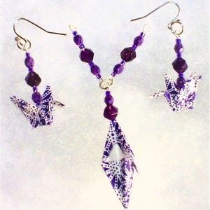 Origami crane earrings and diamond necklace
